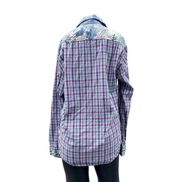 90's Desigual Long Sleeve Plaid Patchwork Floral Button Up‎ Shirt Unisex Mens M - Picture 2 of 12